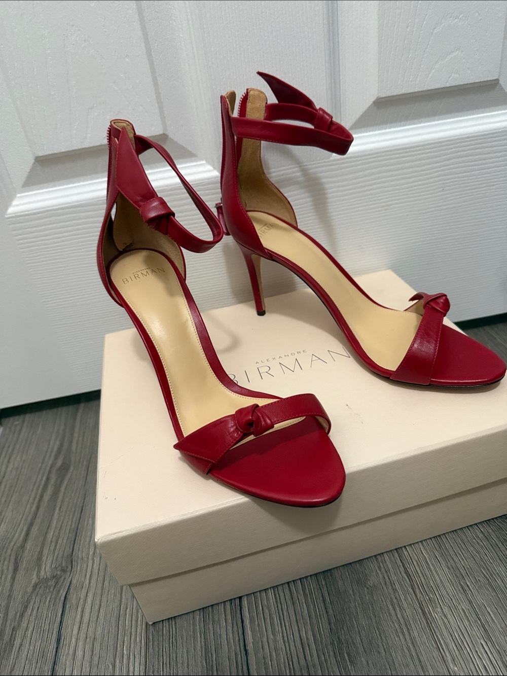 Alexandre Birman Red Knotted Ankle-Strap Stiletto Sandals